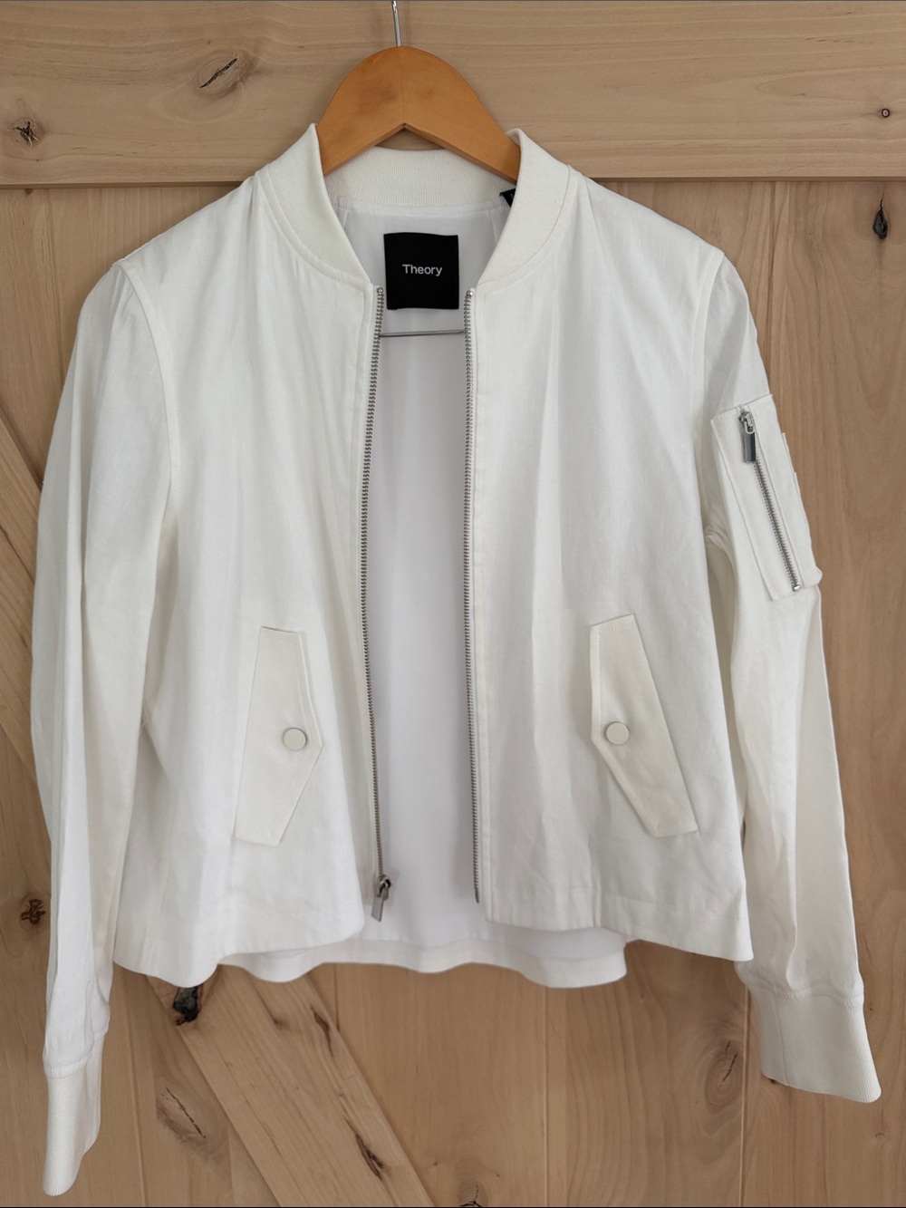 Theory White Women's Bomber Jacket with Zip Pocket